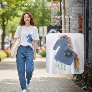 เสื้อยืดคอกลม เนื้อดี ปะยีนส์ ปักมือ ขนเส้นด้ายสีสด ดีเทลลูกปัด Size L (อก 38) | YADA Batik